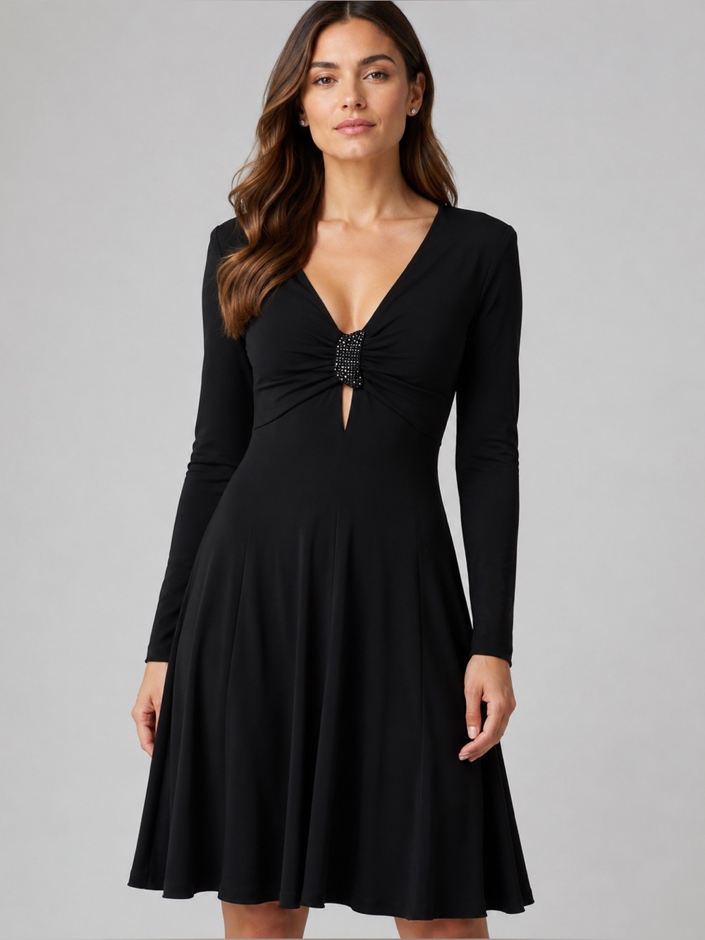 Emporio Armani crystal embellished v neck keyhole long sleeve jersey dress 10 42